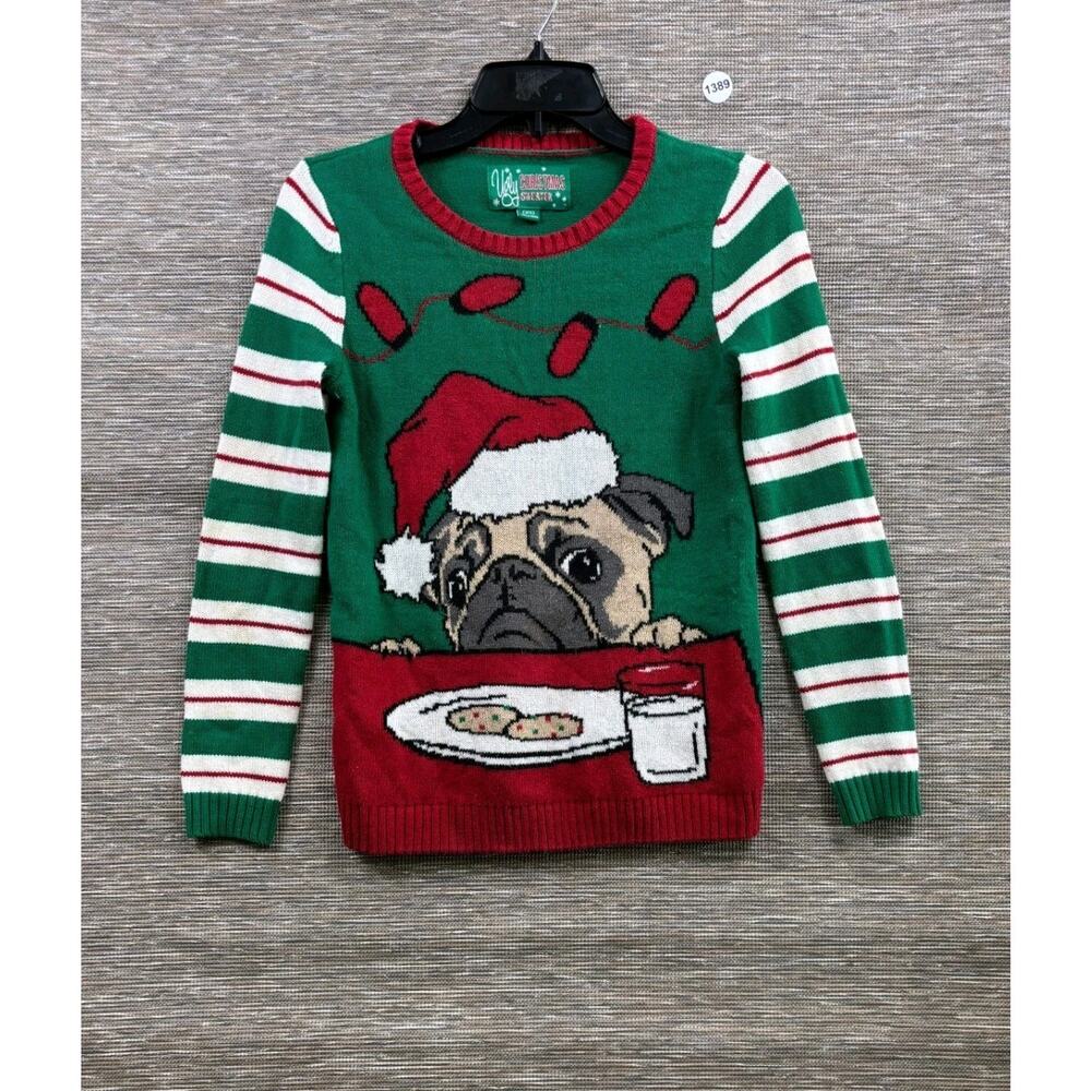 Ugly Xmas Pug Dog Sweater Milk & Cookies Santa Hat Womens Size XS Green